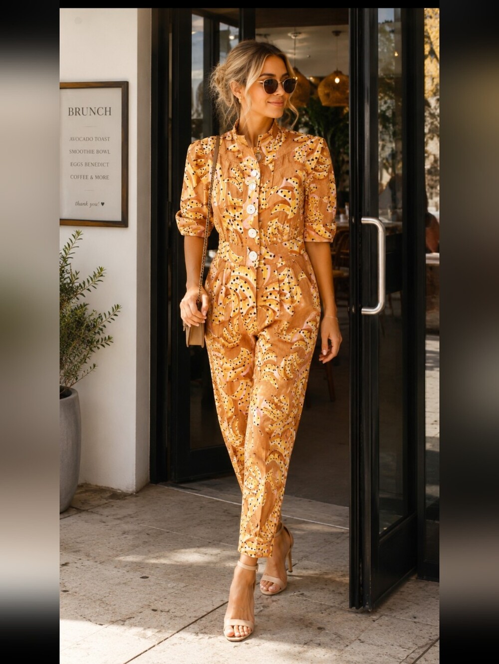 Farm Rio‎ Raining Banana Puffy Sleeve Jumpsuit